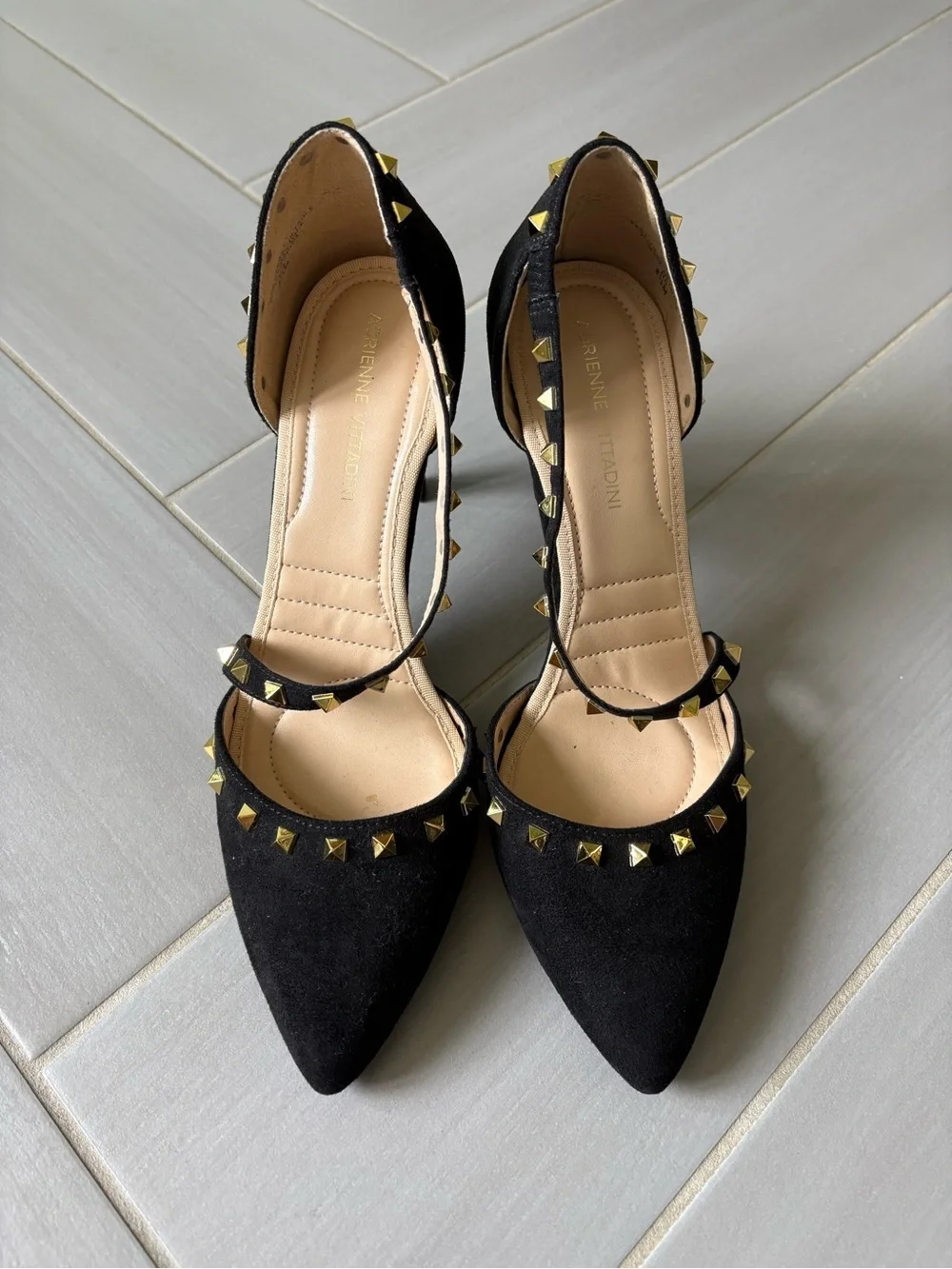 Adrienne Vittadini Newly Pump | Black Suede Pointed-Toe Heels with Gold Studs